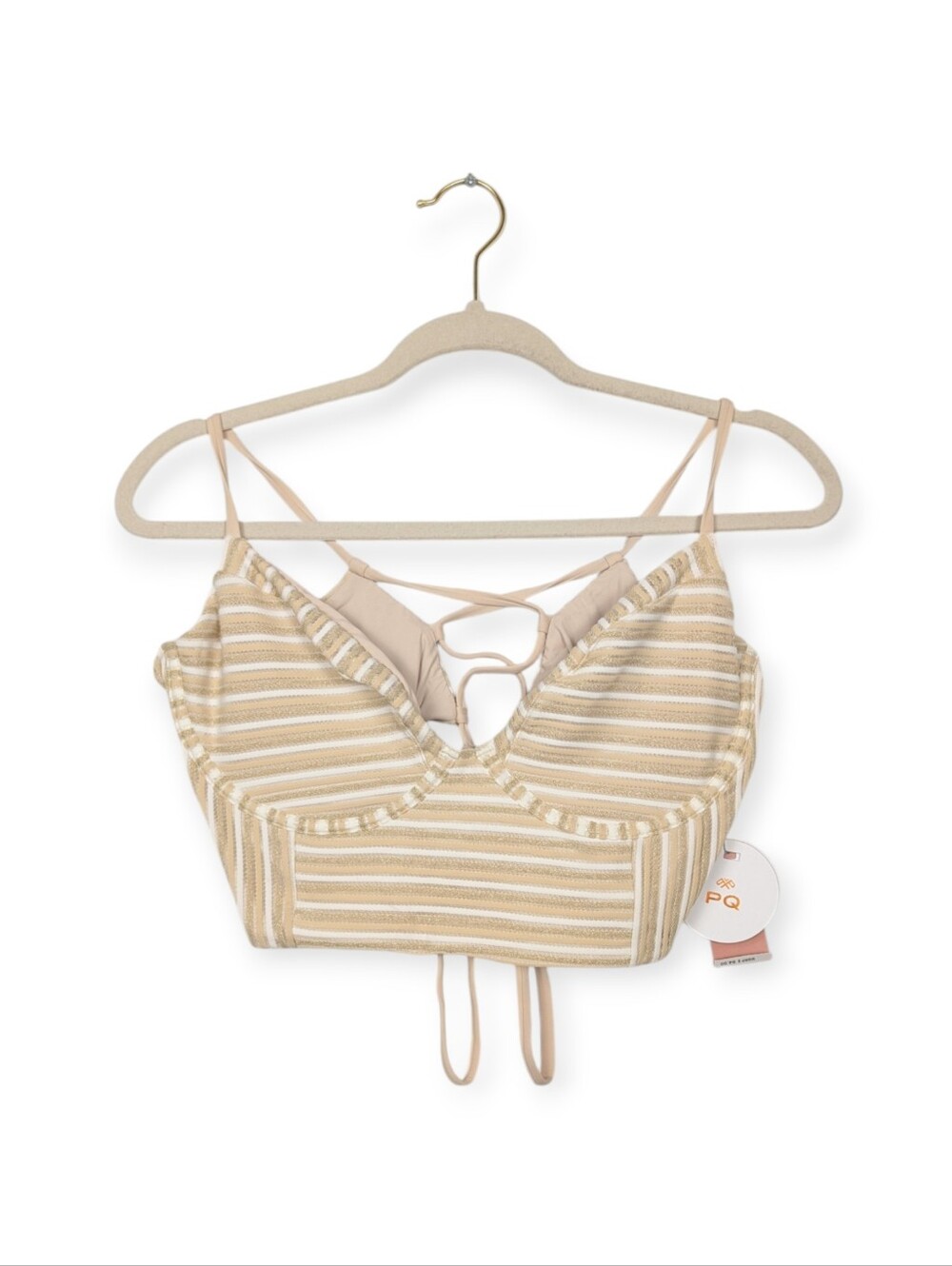 PQ Swim Bikini Top D New Earth Cream Stripe Shimmer Corset Bralette NWT